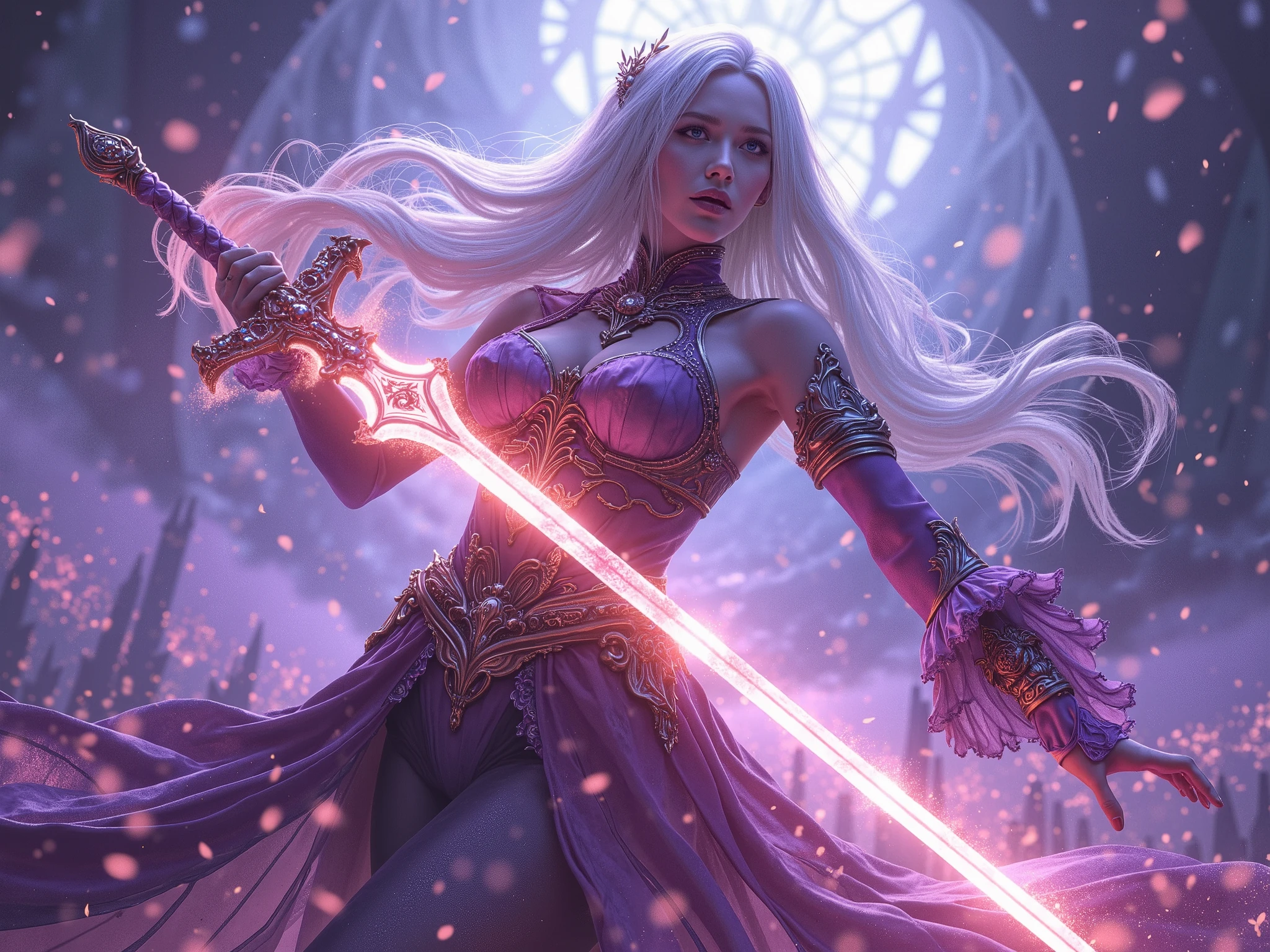 Best Quality,4K,8k,hi-res,masterpiece:1.2,Super Detailed,realistic:1.37,HDR,ultra high resolution,Ultra Fine Painting,clear focus,Physically Based Rendering,Extremely detailed description of the surroundings,Professional,Art Nouveau,tarot card style, (2 characters), dynamic angle, Dynamic Poses, intense expressions, full body, alien woman, A guardian spirit accompanies the female magical swordsman who wields the Sword of Fire. The sword has an ethereal energy The . Women are protected by guardian spirits, has a pleasant and powerful presence ., Tied with flowing silver hair., showcases the finest craftsmanship in the medium of digital illustration, with JRPG elements . この場面はbright color彩に満ちている, captures the essence of a fantasy world . lighting emits warm light, emphasizes the intricate details of the female magic sword , and guardian spirit . A female magic swordsman gracefully manipulates weapons , adds a magical and fascinating element to the scene , The atmosphere is reminiscent of the Final Fantasy X world., Concept art inspired by Jean Giraud Mevius, The overall quality of the images generated is top notch , with Super Detailed visuals to bring this captivating composition to life. The artwork is reminiscent of a masterpiece, Concept art inspired by Jean Giraud Mevius., Amano Yoshitaka Kaze , Fractalized , Organic exoskeleton , glass exoskeleton ,Exotic plants,(Bioluminescent bacteria),bright color, Light Purple Hues ,It has become a hot topic on CGSOCIETY,Landscape,horror,SF,Concept artist,明るくbright color,dreamy lighting