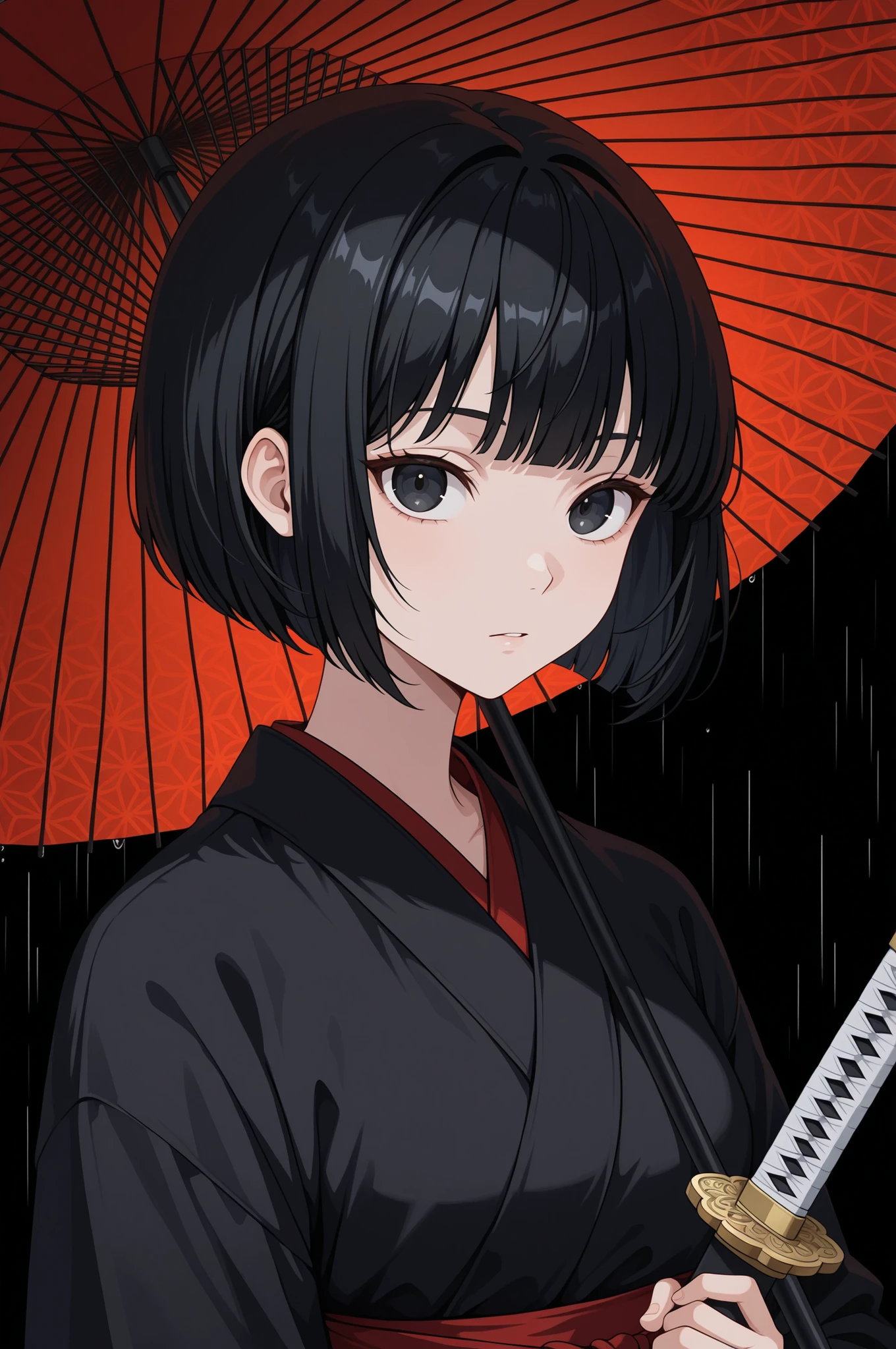 mayahell,black hair,dark eyes,bob cut,wearing a black kimono with a red pattern and holding a sword、is staring at me、black background、holding an old Japanese umbrella、Closeup from waist up、rain