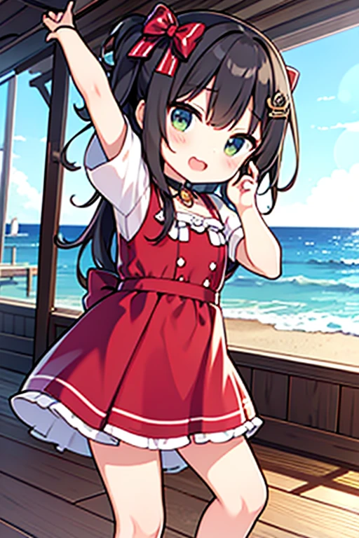 Gravure model Reimu looks happy carrying her luggage at the beach station