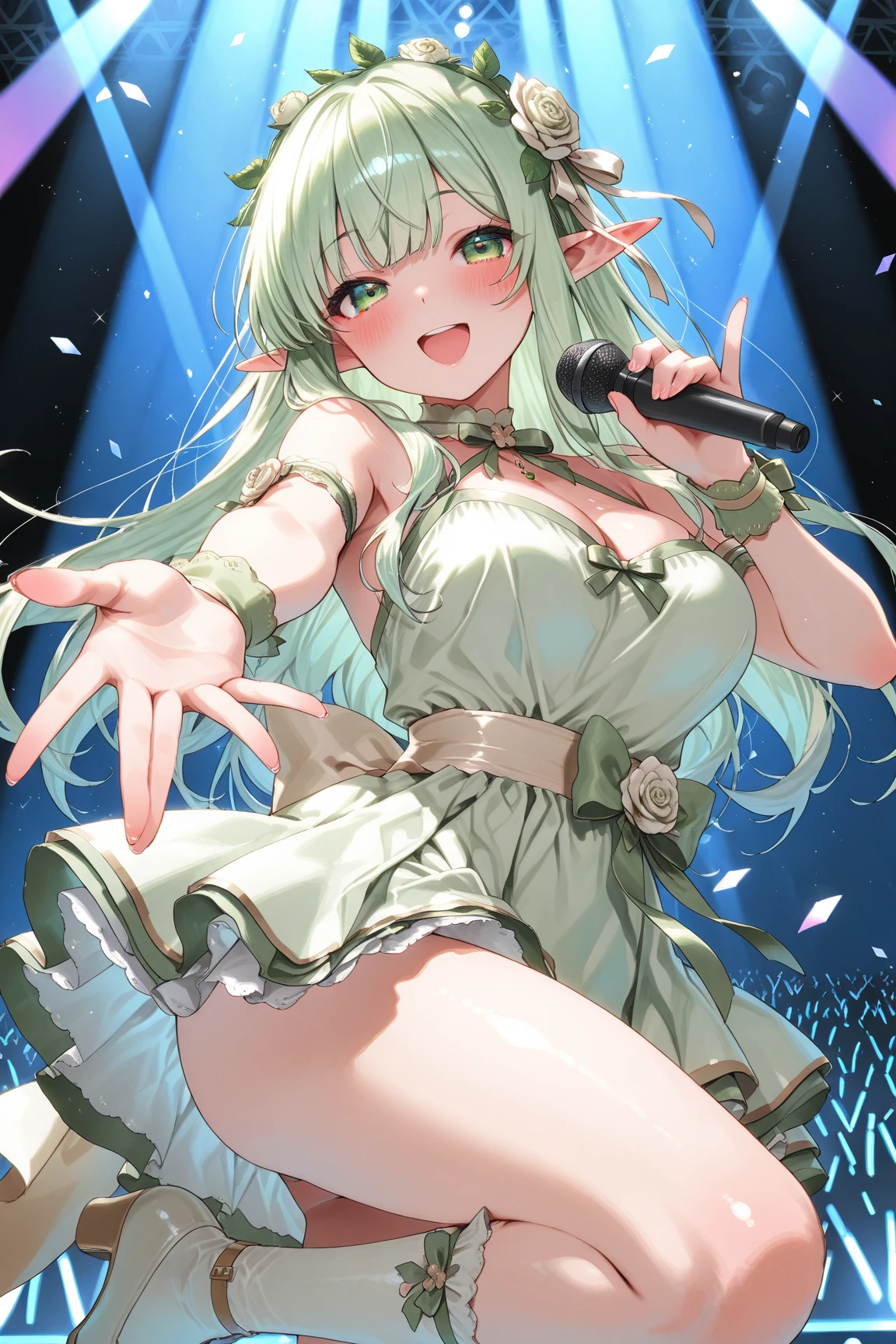 Pointed Ears, Green Hair, Green Eyes, short hair, short hair with long locks, , Live Stage, Browsing Caution. Large Breasts. naked. crying ,solo, nipple