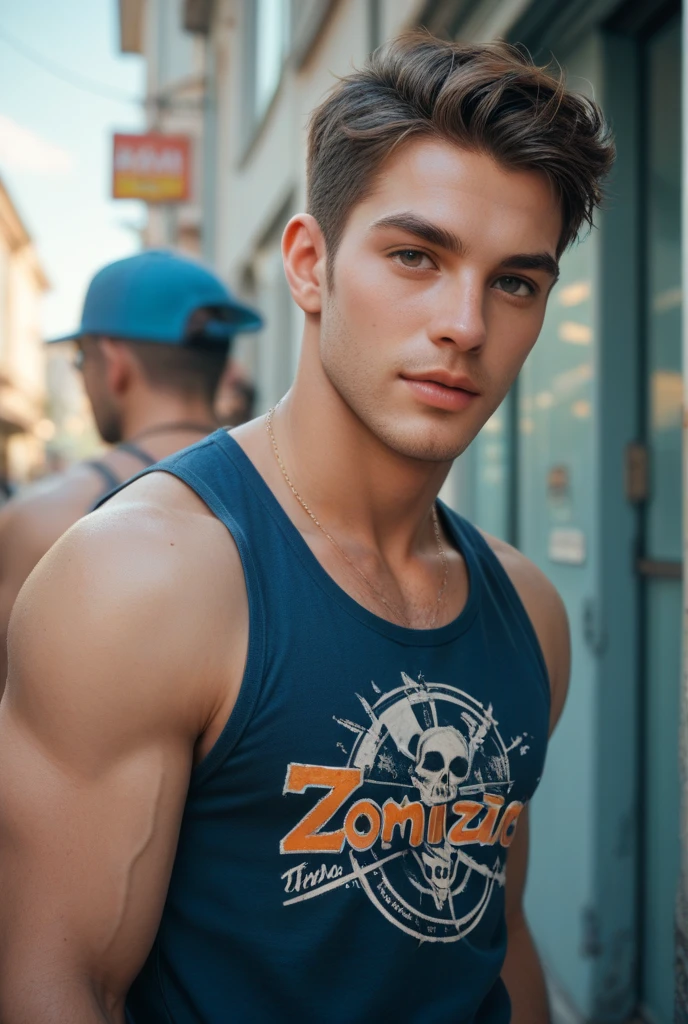 (Photorealism:1.2), A young man with black curly hair, he has dark green eyes like moss, one with freckles on his nose and a smile on his face. Simple clothes, thrown together in a haphazard way. He doesn't have a lot of muscle, but he has a well-defined body with a height of 1,69 with scars on his fists full body wearing red underwear