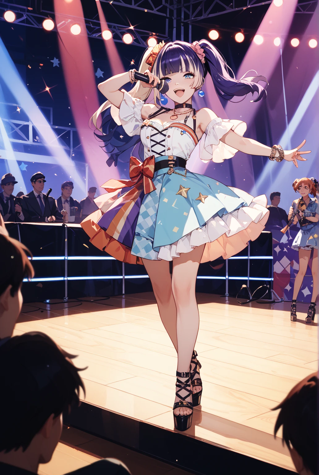 high quality, muste piece, idol uniform, 1 girl, solo, stage, dancing, seductive smile, have a microphone, many audience