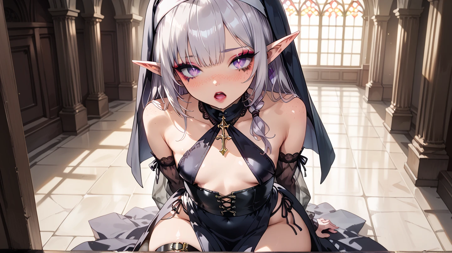 1girl, (angry), white hair, green eyes, ((hourglass figure)), black tights, (from below), looking at viewer, ((thick thighs)), ((pussy)), ((lingerie)), ((black lingerie)), ((naked breasts)), (nipples)