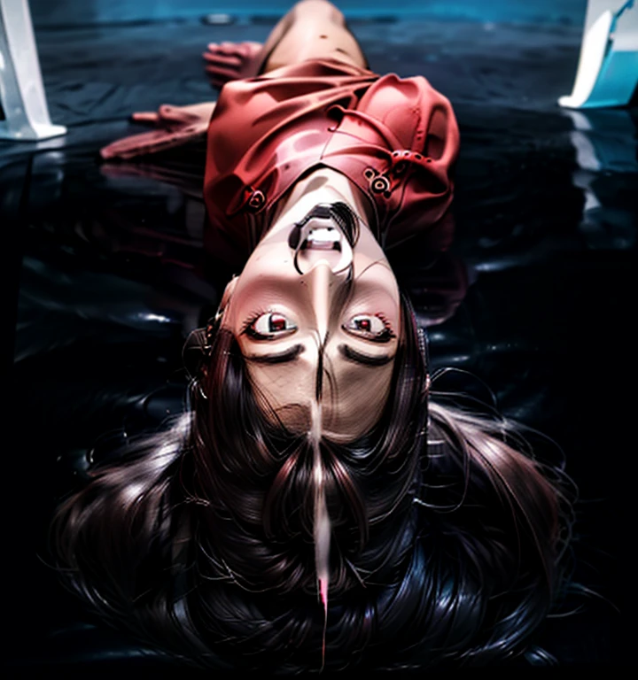 1 woman, cyborg wires long hair red turtleneck sleeveless  resting along the wall 
dark hell background shadow  ghost 
  art by Jean Giraud   Yoshitaka Amano Bill Sienkiewicz Zdzislaw Beksinski