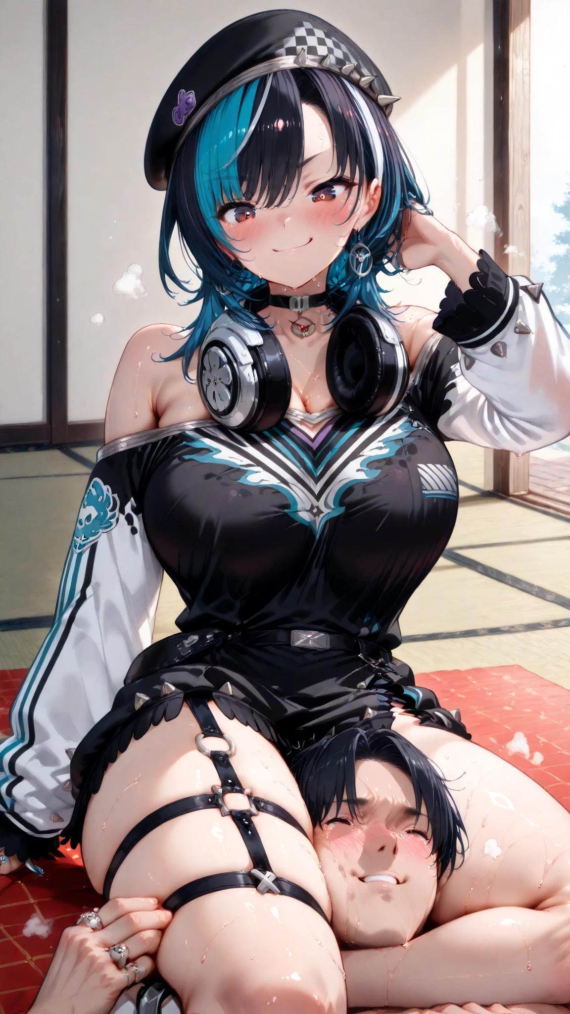 Fantasy, 1girl in, cottage, Human, Big breasts, Navel, ,(masutepiece, Best Quality), sidelightning, ,Beautiful detailed eyes, silber hair、Slave chains, Slave Collar, hot onsen, slave clothes, eyes rolled over, Tongue out, cum in tongue, Crazy, Open mouth, Screaming, Ahegao, Heavy breathing, blush, Sweat, slave clothes, Multicolor Hair, headphones、