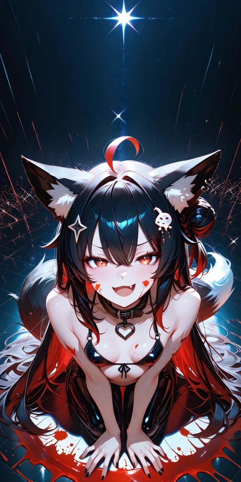 masterpiece, best quality,super fine illustration, perfect anatomy, correct anatomy, perfect proportion, perfect face, perfect hands, perfect legs, perfect fingers, perfect hands, professional lighting, best quality, ultra detailed, extremely delicate and beautiful, 4k, 8k,,1girl, fox girl, (((multicolored hair:1.2)(black 1.1)(red 1.1), fox ears, long hair, fox tail, black dress, fishnet stockings, cute expression, highres, best quality, masterpiece,clearly drawn face, beautiful eyes, beautifully detailed eyes, highly detailed eyes, ribbon, choker, looking at viewer, skull hair clip, green eyes, head shot