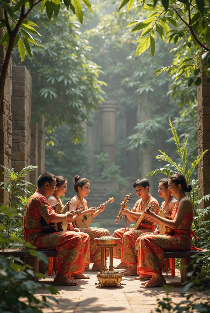 นำ Prompt ไปปรับแต่งได้เลยครับ
Prompt : An siam setting, possibly a symposium or gathering. In the foreground, a woman in a Thai dance costume is dancing gracefully, capturing the attention of the onlookers. The men, siam dressed , are seated around a table laden with food and drinks. Some are engaged in conversation, while others watch the dancer. In the background, tall pillars support a roof, and a few musicians play thai instruments. The ambiance is one of relaxation, celebration, and cultural appreciation. The background is a blend of earthy tones, realistic, 8k
