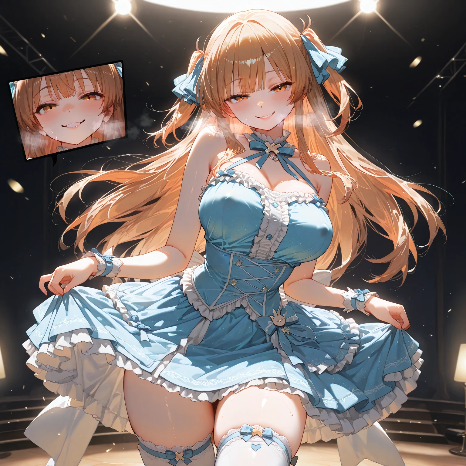 highest quality、All limbs、full finger、Slender beauty、straight hair、brown hair、Dereste light blue, White and light blue idol costume、high socks、beautiful big breasts、live stage、sing、microphone, dancing、big smile、(white horizontal lace panties:1.1), skirt lift, shirt lift, show off panties、(show off bra:0.94)