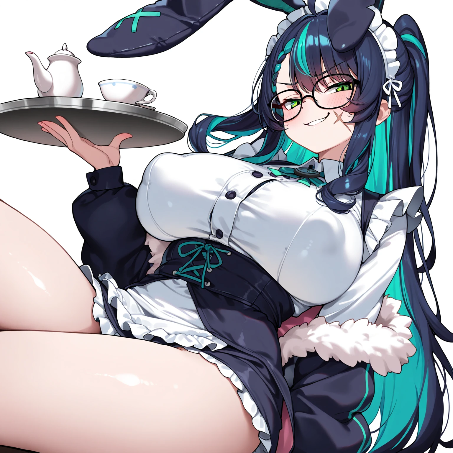 One Woman、Braided twin tails、Huge breasts、(Huge breasts:1.8)、Glasses、blue eyes、Green Hair、underwear,underwearが見えている,Tバックのunderwear,String Panties,陰毛がはみOut,マン毛がはみOut,Nipples are erect,The nipples are erect,Out,Nipples are erect,The nipples are erect,Knee socks、hat、ribbon、belly button、hug、Shoulder Bare、flower、黒Knee socks、indoor、A bow tie、leotard、cup、Wrist cuffs、- Detachable collar、rose、Playboy Bunny、青いhat、tray、青いflower、hatのflower、青いleotard、trayを抱く、非伝統的なPlayboy Bunny