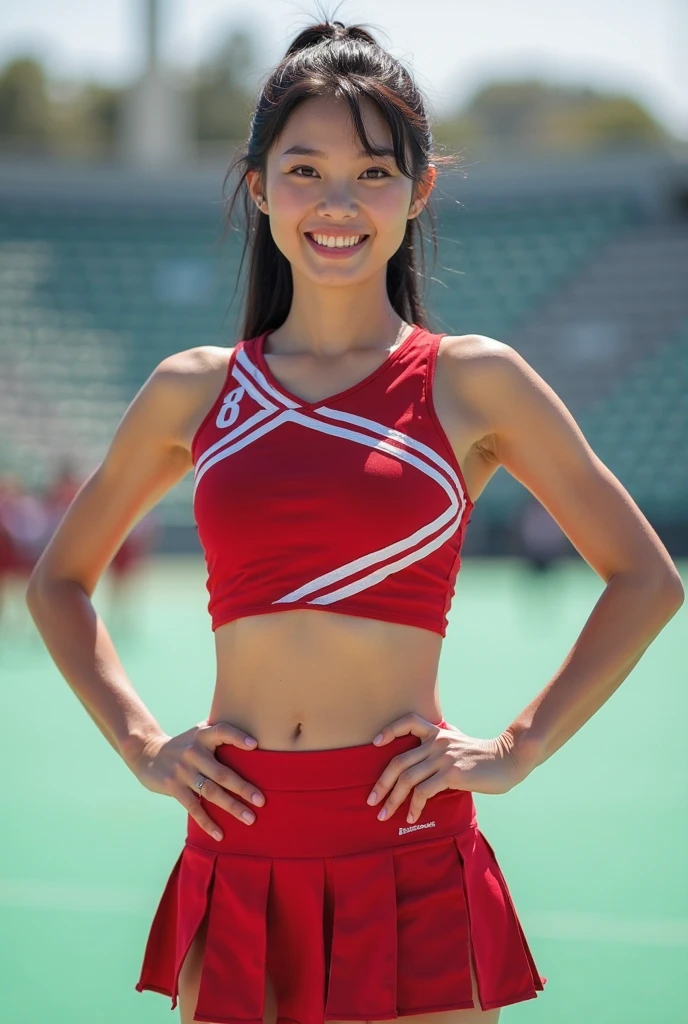 Melanie Rios, straight hair, thin body, expressive eyes, above view, looking to the viewer, above camera, close camera, playing volleyball, short clothes, tight clothes, sport clothes, red and white clothes, in a volleyball square, short shorts, at night, smiling