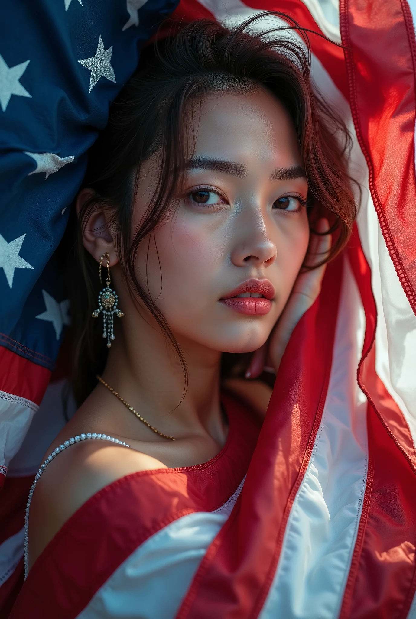 a very beautiful lady , detailed face features, elegant posture, serene expression, American flag, dynamic pose, raw photography