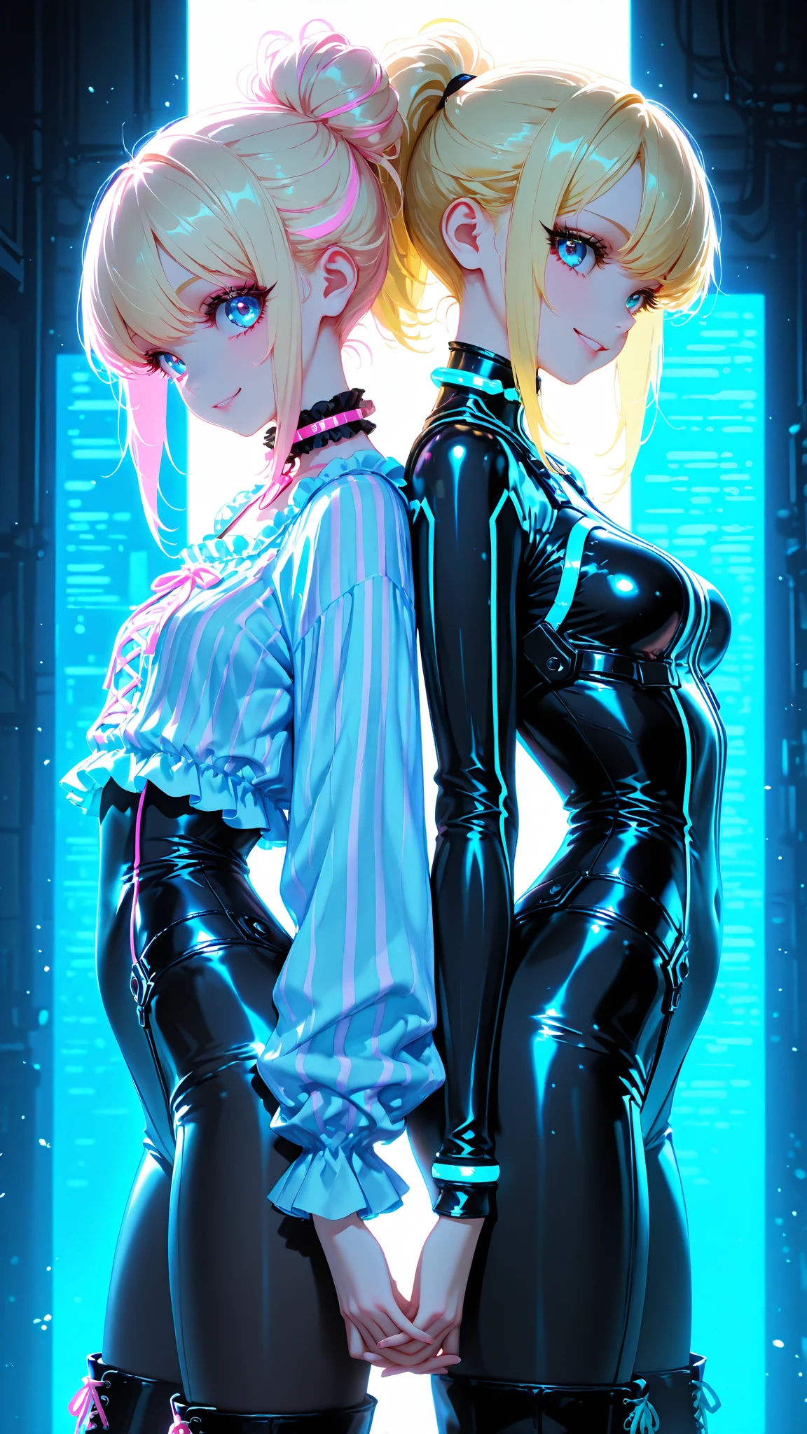 (masterpiece, Highest quality, 8K, Sharp focus, Written boundary depth, Best Shadow, Perfect lighting, High resolution, Realistic skin texture, ultra-detailed background, detailed), Anime Style, Two women are kissing (One of them has green eyes.., White skin, Black hair ponytail, choker, Small breasts, slim, Compensate, eyeliner, Sparkling), (The other woman is blonde.), In a nightclub, Cyberpunk Theme, Cyberpunk City.