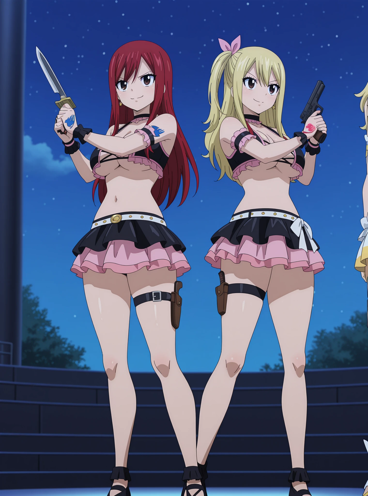 score_9, score_8_up, score_7_up, score_6_up, score_5_up, score_4_up,source_anime, anime line art, hiro mashima art style, official art, anime screencap, multi panel, before/after, multi frame, before and after, fairy tail, anime color, thick line, BREAK, big tits, red hair, in first panel erza scarlet from fairy tail wearing a full body black latex bodysuit , BREAK, lucy heartfilia wearing a maid outfit, in second panel fucking and pulling long blonde hair of female lucy heartfilia with the strapon dildo , (((wearing a strapon dildo))), sexy grin