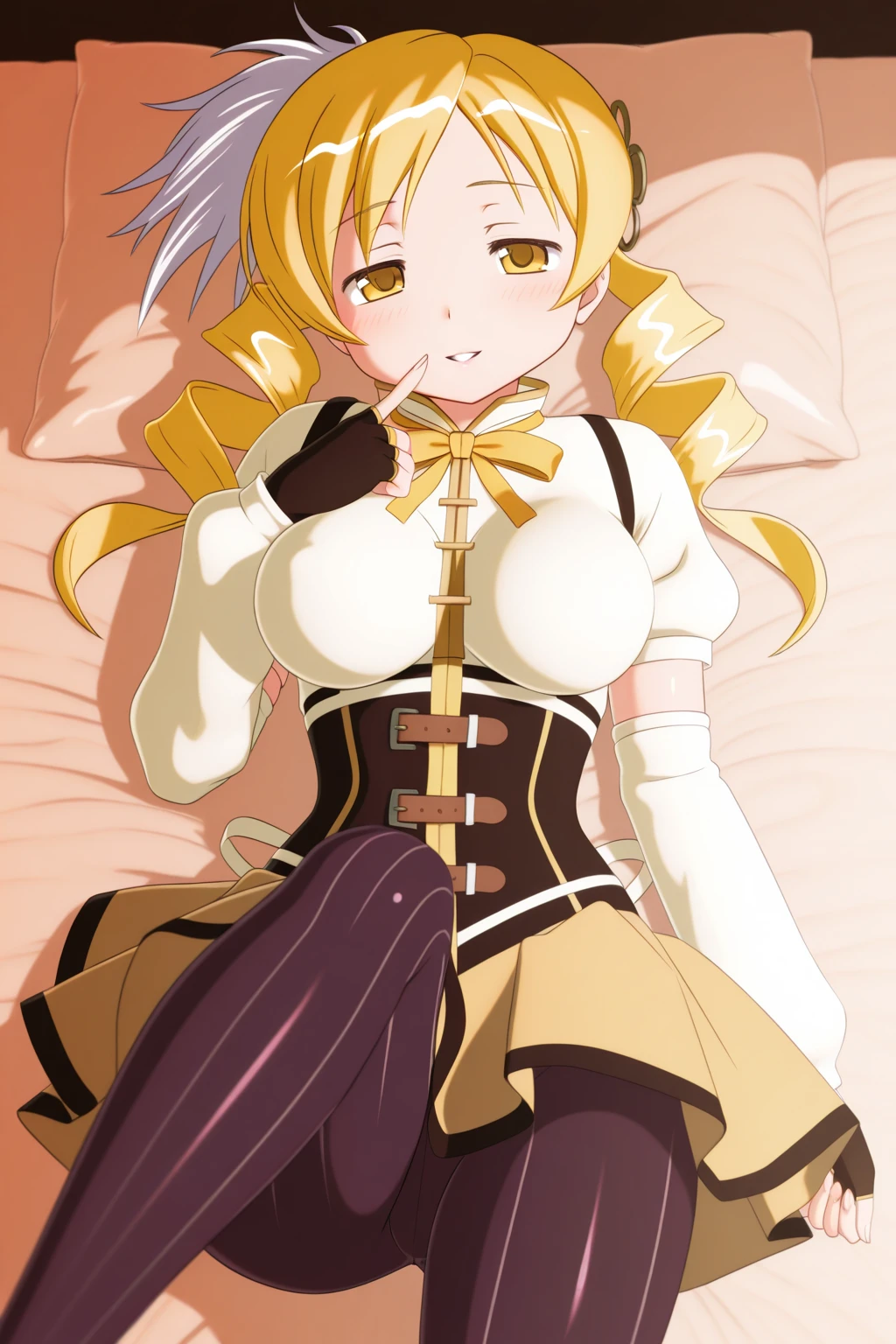 Masterpiece, best quality, 4k quality, Tomoe Mami, artist: Seismic, pantyhose, seductive, on back