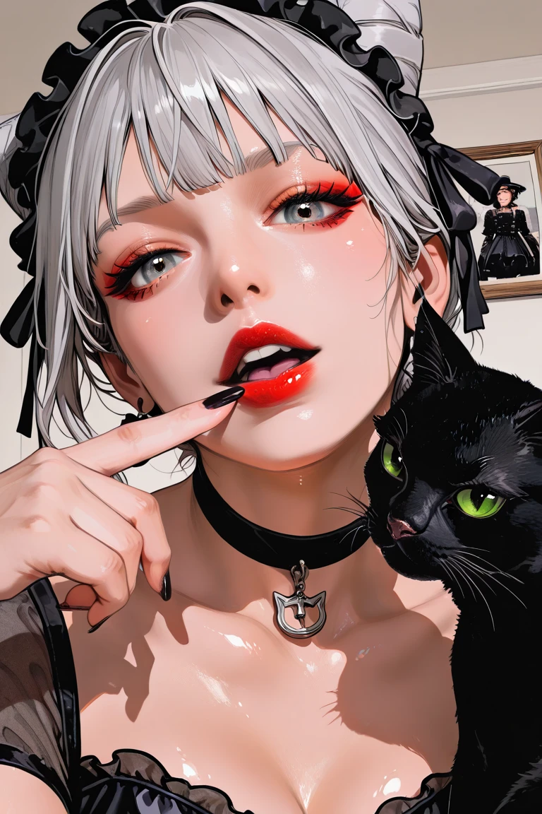  Illustration of a black cat,place a black cat in the center of the screen,I wear a choker on the black cat, ,holding a black cat,place the black cat in the center of the screen,Gothic black cat close-up {X} women can see through the camera、Only hands are shown,teddy bear illustration ,  Vivid details,  artilove blow style    , ,  close-up photo , photorealistic  ,  very detailed,black hairｋｉｋｉred ribbon /(Greatest Masterpiece/top quality/high resolution)Hydrated red lips/"shiny skin that floats on the lower back"nails/close his mouth//and bathes in blood