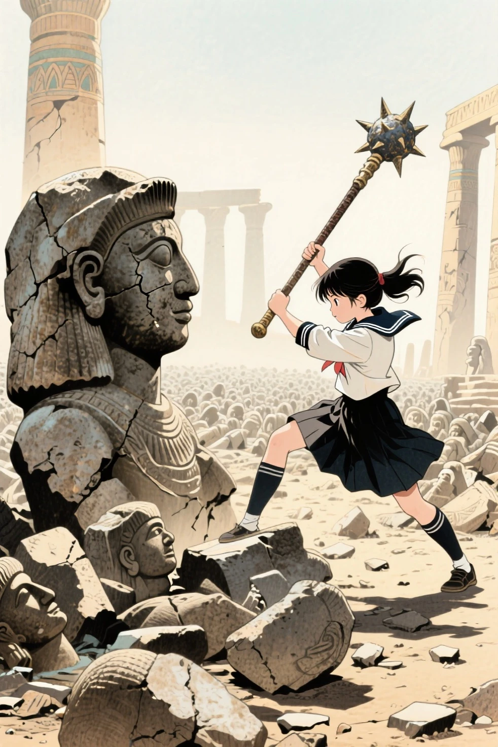 japanese woodblock print, Hokusai print, soft light, ancient mesopotamian temple, A girl with strong martial arts skills is attacking the stone idols with her extremely heavy legendary magical morningstar mace，She wears a Japanese school uniform，Dynamic posture, climbing over endless fallen stone statues，bend over , the ground is completely covered in fallen ancient mesopotamian stone gods, damaged ancient mesopotamian stone idols lie on the ground and cover the ground as far as the eye can see