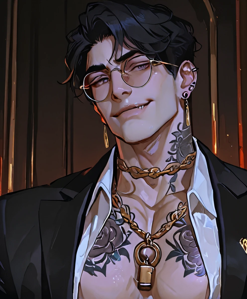 1boy, solo, dominant pose, muscular asian male, short black hair, piercing lilac eyes, sharp jawline, idol face, smirking expression, wearing a black suit with open white shirt, showing muscular tattooed chest, gold chains on neck, luxury watch and rings, round tinted glasses, earrings with padlock design, confident and arrogant aura, fashion mafia boss style, cinematic lighting, detailed shadows, upper body, front view, refined anime style, symmetrical face