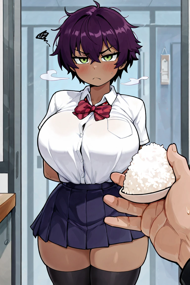 お皿にsemenをかける男性、Ultra-detailed illustrations、Ultra-precise expression、masterpiece、Highest quality、ultra High resolution、High resolution、Hiromitsu Takeda Style、White background、Simple Background、Mash Kyrielight、light purple hair,short hair,hair over one eyes、Black sleeveless dress, White collar、Red tie、Black Pantyhose、Brown short boots、Purple eyes、Vulgar expression、smile、Open your mouth、Choker of Hearts、White Breath、Sweat、Glowing Skin、shiny skin、Side angle、Hold a plate、View the plate、、semen、penis、Naked men、