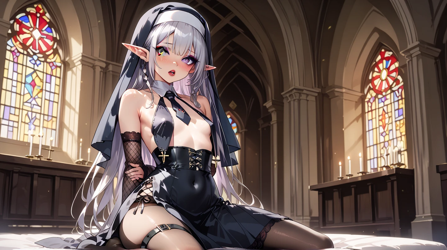 Elf, Silver Hair, In the torture chamber, White Dress, Open your mouth,Raise your hands,  Crying face, Small breasts, A large iron collar with spikes and handcuffs, Connect the handcuffs to the shackle with a short chain., Spread your legs