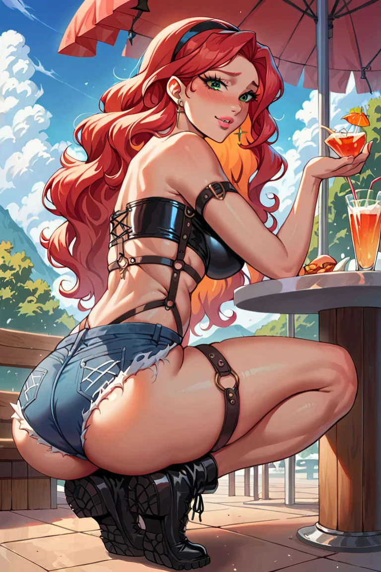 ((Masterpiece)), ((Best Quality)), Ultra High Resolution, HDR, absurderes, 8K, (1 girl), intricate details, ultra-detailed, dramatic lighting, blushing, shy face, green eyes, short ginger hair, wavy hair, (wearing a black bikini, jean shorts and a beach hat), in a restaurant, gorgeous girl, small size breasts, gorgeous body, glossy skin, vivid colors, full body view, detailed illustration, detail background, shy, feminine, professional artwork, big thighs, cleavage, small waist, wide hips, from below