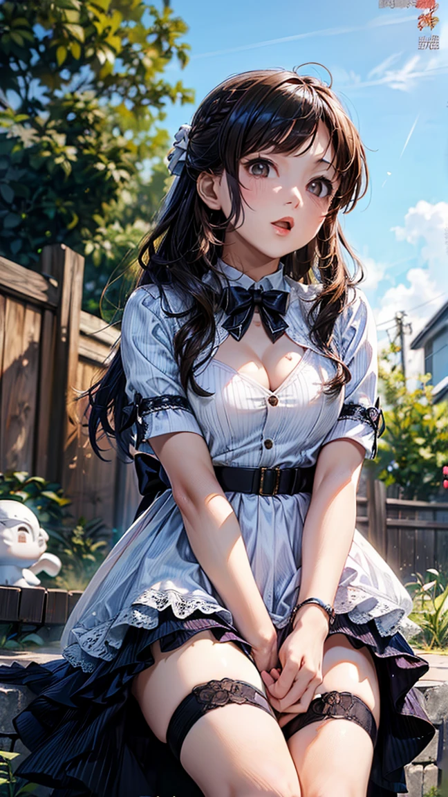 masterpiece, best quality, tachibana arisu, solo, (petite), brown eyes,brown hair,half updo,hair bow,
aroused, open mouth, kneeling, gothic lolita, (open clothes), (clothes lift), small breasts, nipples, pussy, garden,