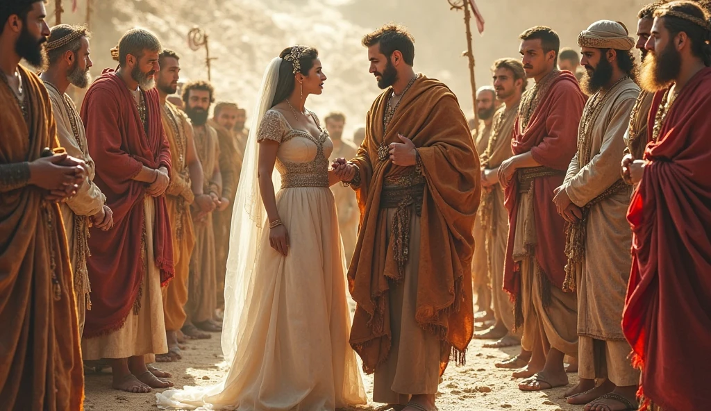 A few Egyptian women with Arabian dress are looking at a handsome man young with Arabian dress with surprised eyes because she is very impressed by his beauty .This handsome young man has his eyes down