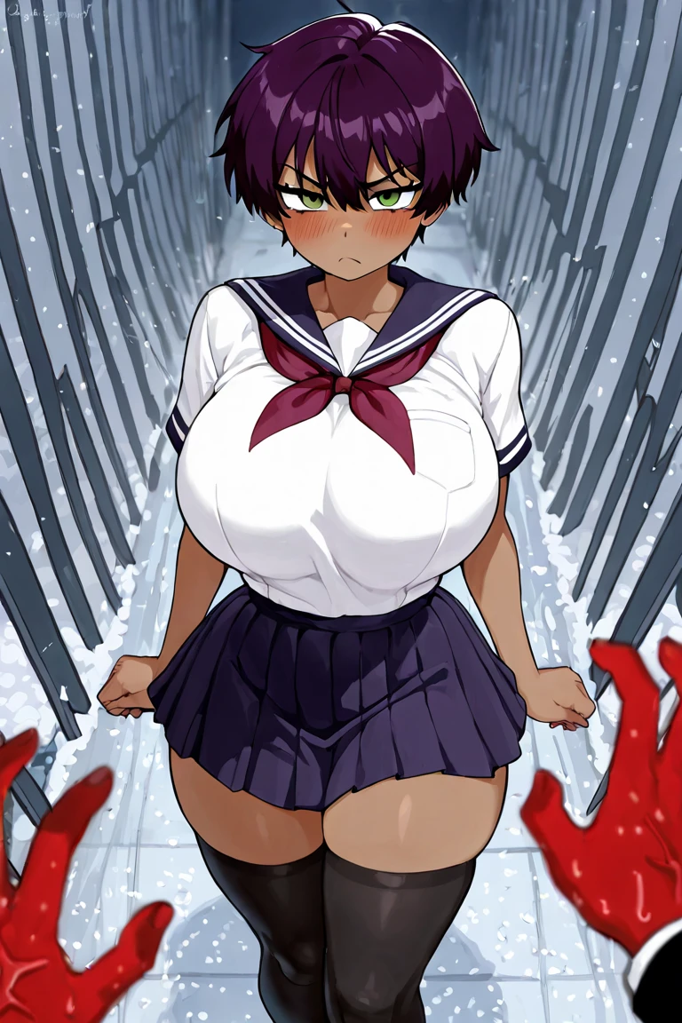 1girl, solo, nsfw,, (wearing nothing: 1.5), large breasts., empty eyes , haruna sairenji ,short hair, , purple eyes, blue hair, hairclip, big breasts, Abandoned amusement park、 file, crying ,flooding, abandoned hospital, fire, heavy snowfall, frozen, whole body, , lightning strike Peeing, lactation, projectile lactation