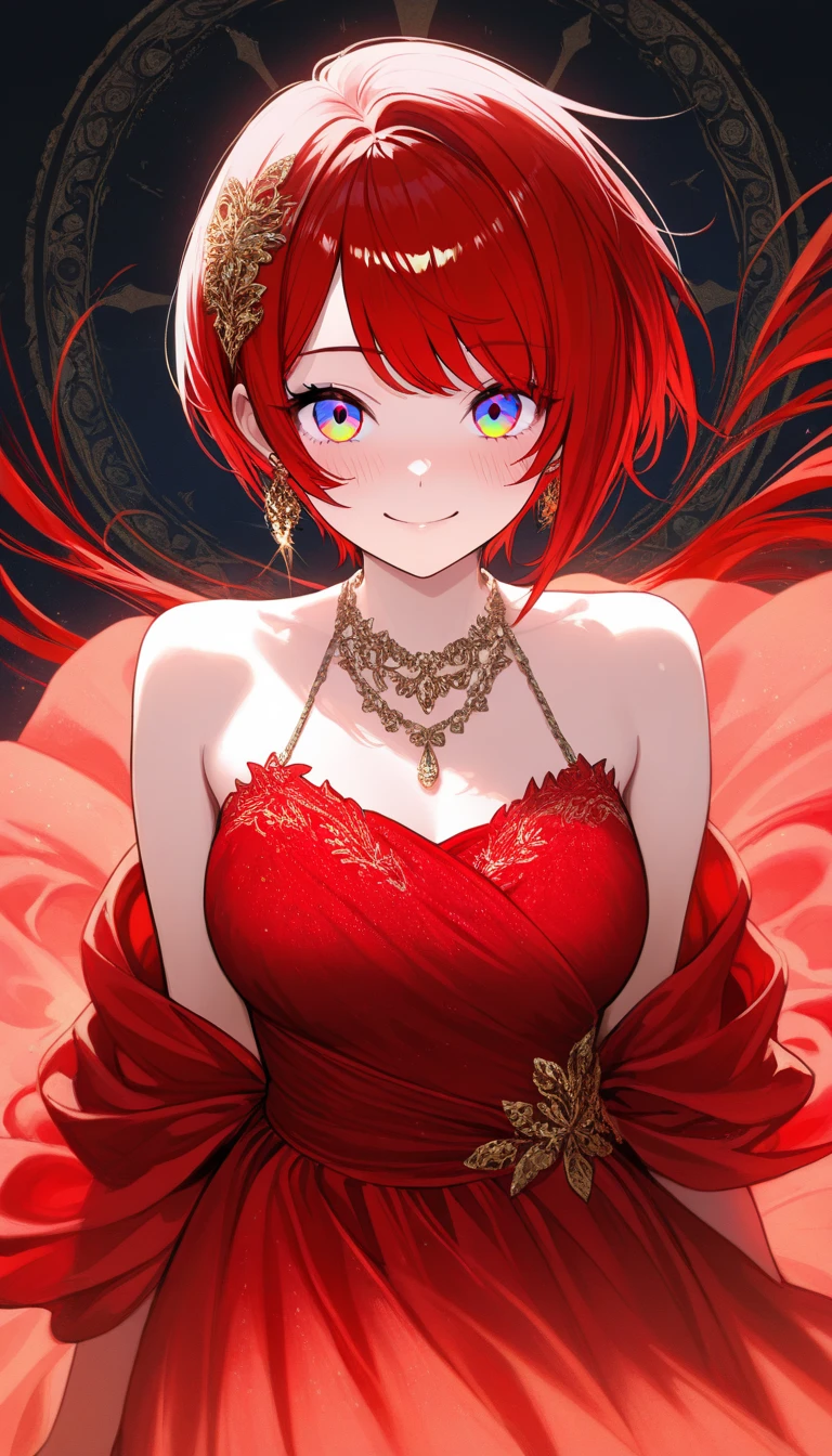 rating:safe, jewelry, 1girl, red_hair, flower, earrings, hair_ornament, breasts, dress, cleavage, looking_at_viewer, long_hair, hair_flower, red_dress, rose, smile, red_eyes, necklace, red_lips, light_particles, lipstick