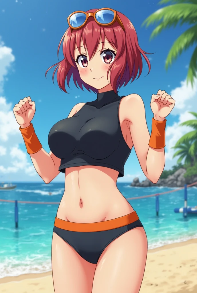 masterpiece, high resolution, best quality, beautiful art, well formed hands and fingers, 1 woman, solo, Akane Hiyama, mature woman, big breasted, cleavage, wearing a Tyris Flare outfit, sexy and skimpy bikini, full body, beautiful eyelashes, alluring figure, sexy hips, thighs and legs, she is doing exercise, warming up, stretching her limbs, sexy training, loose long red hair, sexy moves, sweating, smiling joyfully, beach background