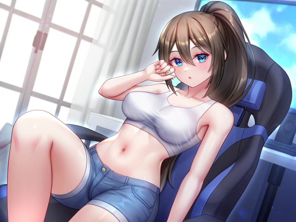 1 girl, brown hair, blue eyes, pigtails, nudist, living room, sitting on sofa, playing video games, holding game controller, barefoot