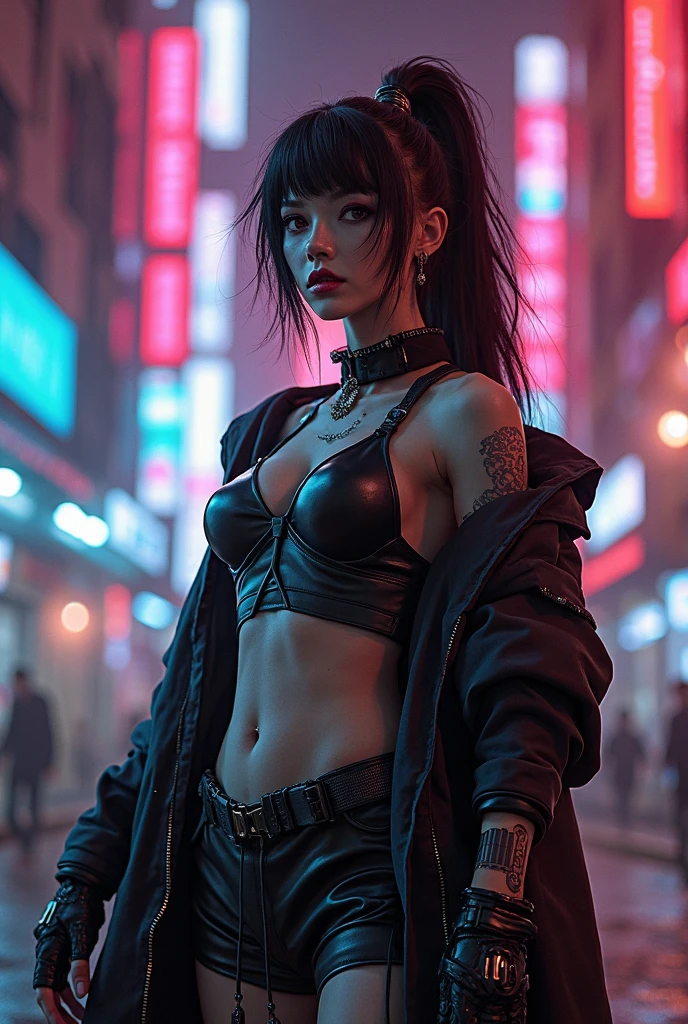 (Highest quality, Ultra HD, 16k, Masterpiece) A powerful girl Pooja Hegde walks confidently in front of her rugged, futuristic car amidst a chaotic and war-torn metropolis. The shot is a medium to long view, capturing her determined presence and the complete surroundings around her. She gazes ahead with a fierce, unyielding expression, embodying strength and resolve. She wears a fitted mecha tshirt under a stylish jacket and jeans pants, her attire blending practicality with a touch of modern flair. The jacket is detailed with guns, rifles, and utility pockets, enhancing her battle-ready appearance. Her hair is tousled and windswept, adding to her dynamic presence. The car behind her is a heavily modified, armored vehicle, its exterior scarred from countless battles. It stands as a testament to her resilience and resourcefulness, with various gadgets and weapons mounted on its frame. The car's sleek, complements the overall gritty atmosphere. In the background, the entire skyline of the metropolis is visible, partially obscured by smoke and ash. Skyscrapers tower amidst the chaos, many of them heavily damaged with gaping holes and crumbling facades. Explosions light up the scene, casting an eerie glow over the widespread destruction. Spaceships hover menacingly in the sky, engaged in fierce aerial battles, their sleek designs contrasting with the devastation below. The ground is littered with debris and remnants of destroyed structures, adding to the sense of a world torn apart by conflict. Scraps of metal, shattered glass, and remnants of vehicles are scattered across the landscape. The lighting is dramatic, with sharp contrasts that highlight the textures of her attire and the metallic surface of her car. The interplay of light and shadow emphasizes the intense expression on her face and the chaos in the background. Hollywood action movie. Action film, ((tshirt)), (((fully covered mecha tshirt))), (((mecha jacket on top))), (((guns)))