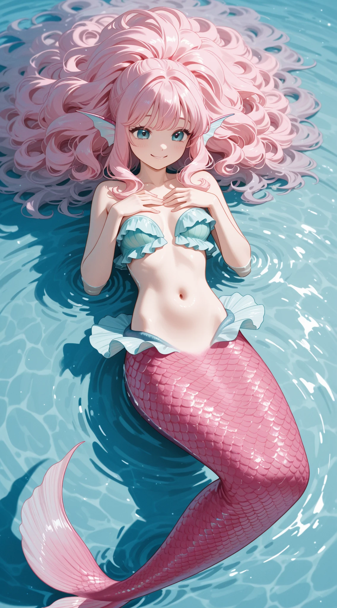 Very detailed, masterpiece, high quality, magically transformed into a mermaid、cute anthropomorphic mouse girl, Fantasy, Race change, smile, Anime Style, (((Long mermaid tail below waistline))), Pink pelvic fin and pink dorsal fin,(((pearl shell bra))), pearl earrings and bracelet, Pearl Necklace,masterpiece, 最high quality, High resolution, {Detailed and beautiful eyes}, finely, Detailed and beautiful eyes,1 Girl, (alone:1.5), (((Hair Ribbon:0.4)))), Pink Eyes,Cinematic Angles,perspective,(((White bun hair))),(((Long pink hair))),whole body,Kunimi Tama,