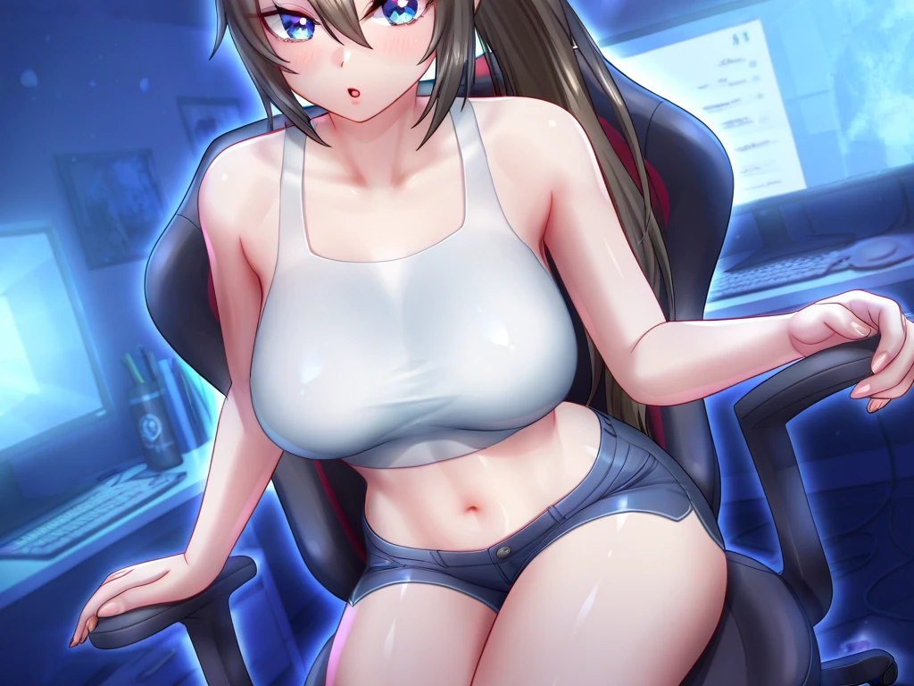 A voluptuous girl with very big breasts is dressed as a bicycle racer and exposes her nipples. Nipples are erect