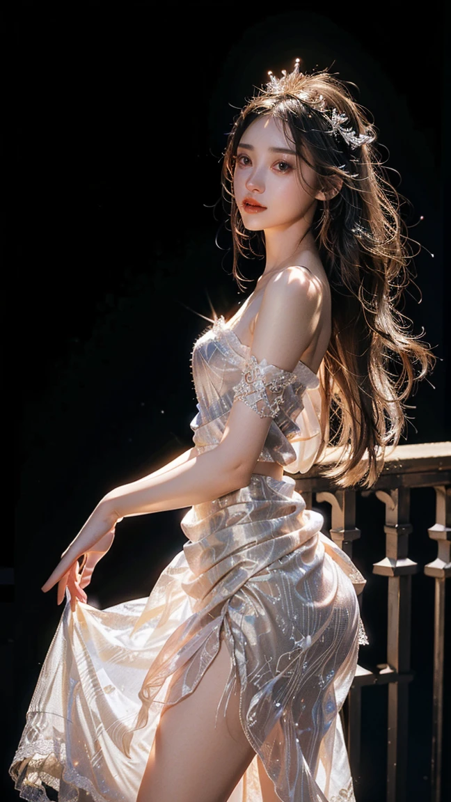 Woman in white dress leans against the railing, dressed in a frilly ((Lace)), Wearing a gorgeous dress, Wearing a feather dress, shaxi, Ethereal beauty, dressed in white intricate lace, Ethereal and dreamy, Dressed in elegant dresses, Dreamy and ethereal, dressed beautiful gown, White lace, cute elegant pose, a stunning young ethereal figure