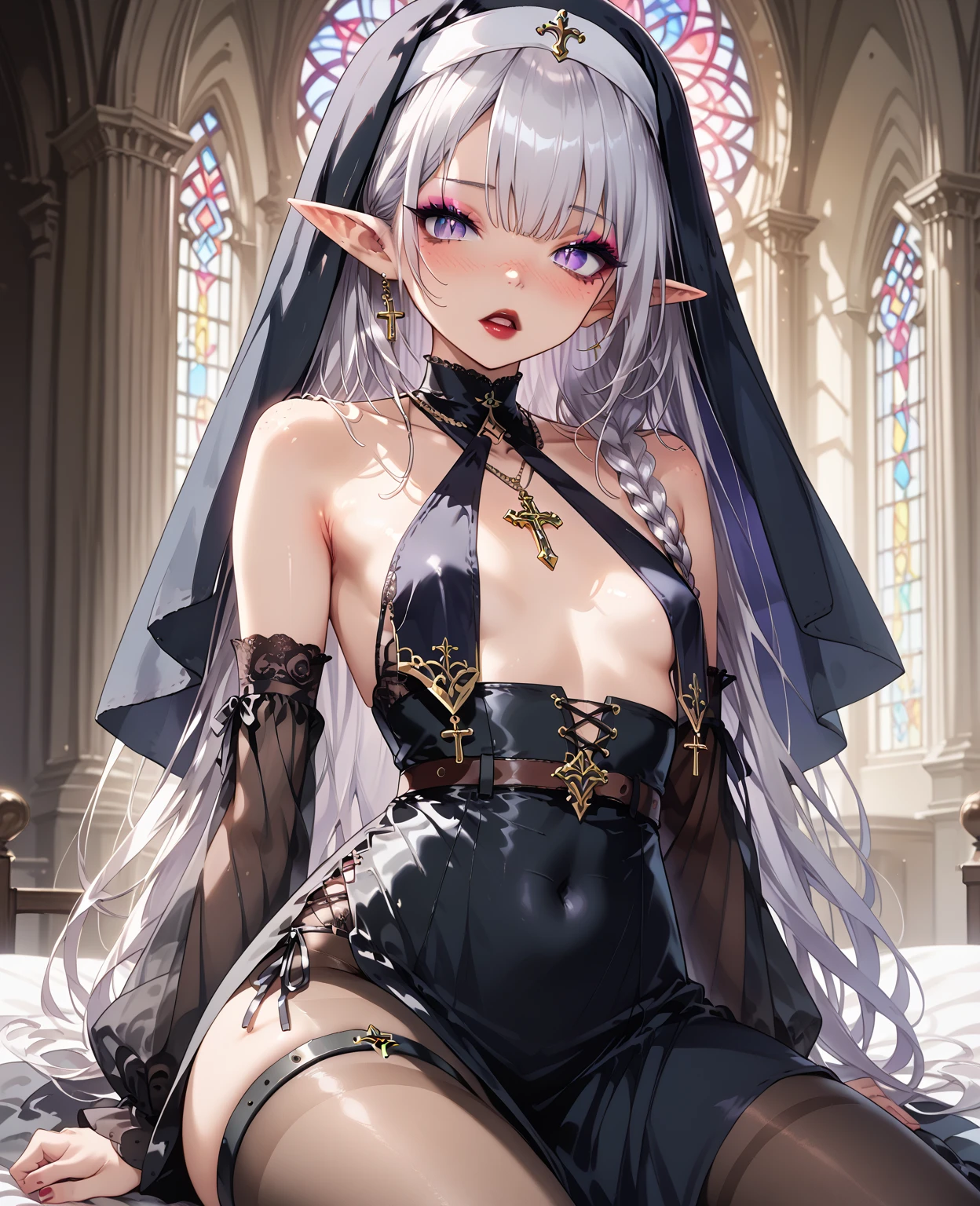 ((best quality)), ((masterpiece)), (detailed), very skinny, prominent collarbones, skinny arms, flat stomach, visible hip bones, red and white clothing, Bloodborne inspired, occult aesthetic, occult, detailed and intricate steampunk and detailed gothic, NSFW, Very dramatic and cinematic lighting, cosmic horror, grim-dark, side-lighting, perfect face, NSFW, Fluttering lace flared long knee length dress with frilly petticoats, knee length dress, pleated petticoats, lolita dress, petticoats gothic lolita, complex lace boots, side-lighting, gothic lolita aesthetic, wielding a mighty sword with mechanical components, carbine, NSFW, beautiful small breasts, small breasts, full body, whole body, body, NSFW, full body, whole body, head-to-toe NSFW, grim dark, grimdark, grim-dark