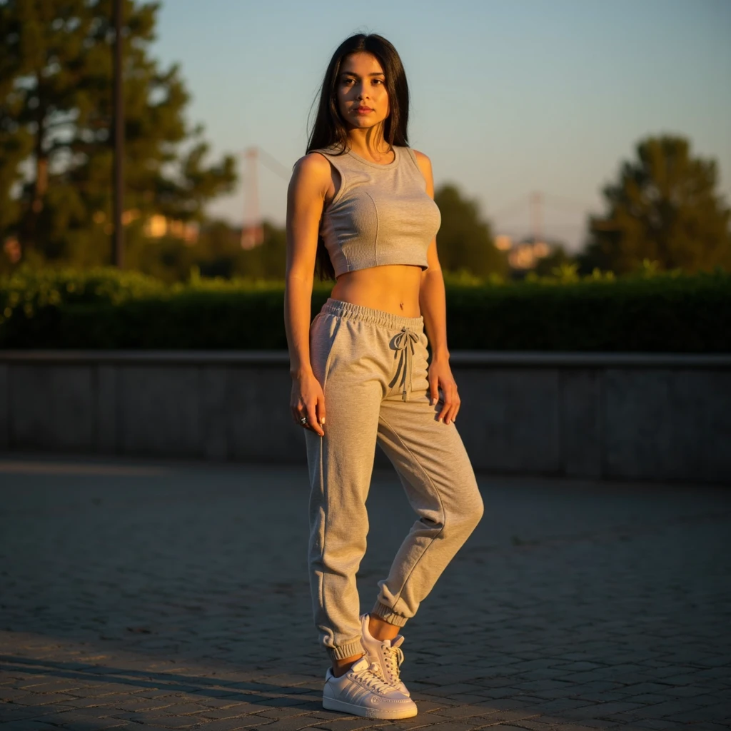 A young woman in a white crop top and blue jeans is crouching next to a railing. She has a blue beanie on and black sneakers with white soles. She is looking at the camera with a serious expression. The background is blurred.  [woman, crouching, serious], [photo, realistic, in the style of Annie Leibovitz], [camera lens: 50mm, aperture: f/2.8, shutter speed: 1/125, ISO: 400, lighting: natural light, colors: vibrant, background: blurred]
