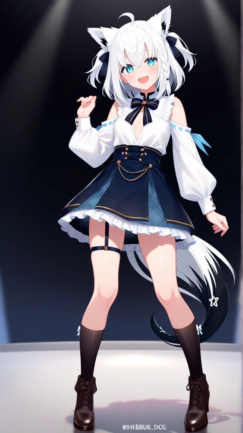 illustration, masterpiece, best quality, 1girl, fox ears, soft silver pastel brown hair, two tails, high twin tails, black ribbons with gold edges, yellow eyes, star hair ornament, star \(symbol\), low twintails, halo, bangs, blush, smile, sparkle, full body, firm pose, T pose, (((transparent white blouse))), short skirt, (((no panties))), uncensored, barefoot, white bed, the girl's height is 1.40 meters , slim body, thin waist, thin , white background, (((perfect hands))), (((perfect feet))), (((Perfect fingers))), wallpaper