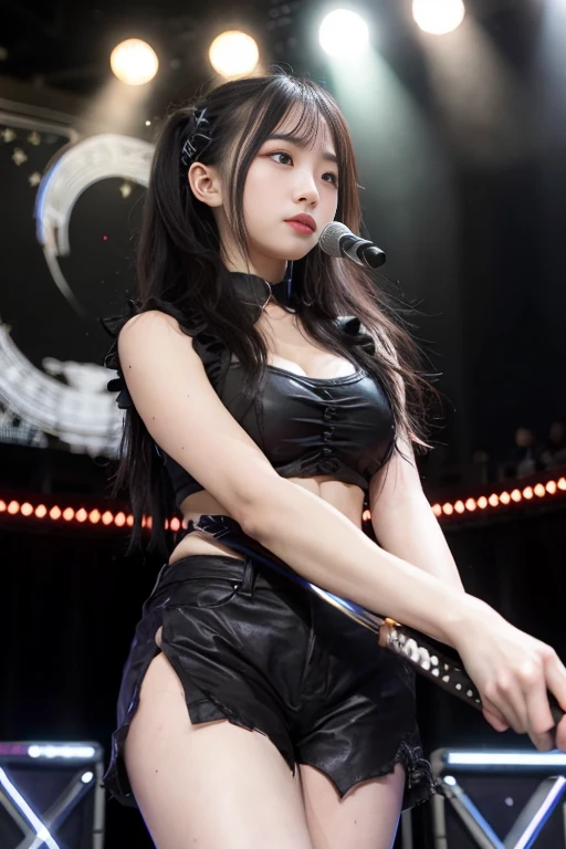 best quality, masterpiece, 1girl, solo, breasts, looking at viewer, smile, best quality, masterpiece, 1girl, solo, breasts, looking at viewer, smile, long hair,((black hair)),Blake, ribbon, ((hair ribbon)), ((ponytail)),breasts, medium breasts,red eyes, ribbon, skirt, shirt, hair ornament, thighhighs, gloves, navel, animal ears, bare shoulders, jewelry, open mouth, standing, cowboy shot, pleated skirt, small breasts, one eye closed, sleeveless, choker, black gloves, midriff, belt, black thighhighs, miniskirt, fingerless gloves, black skirt, stomach, bracelet, zettai ryouiki, crop top, black shirt, sleeveless shirt, garter straps, black choker, piercing, ear piercing, fishnets, asymmetrical legwear, black belt, guitars, ((holding guitars)), fishnet thighhighs, laser, lights, stage,, skirt, shirt, hair ornament, thighhighs, gloves, navel, animal ears, bare shoulders, jewelry, open mouth, standing, cowboy shot, pleated skirt, small breasts, one eye closed, sleeveless, choker, black gloves, midriff, belt, black thighhighs, miniskirt, fingerless gloves, black skirt, stomach, bracelet, zettai ryouiki, crop top, black shirt, sleeveless shirt, garter straps, black choker, piercing, ear piercing, fishnets, asymmetrical legwear, black belt, microphone, ((holding microphone)), fishnet thighhighs, laser, lights, stage,