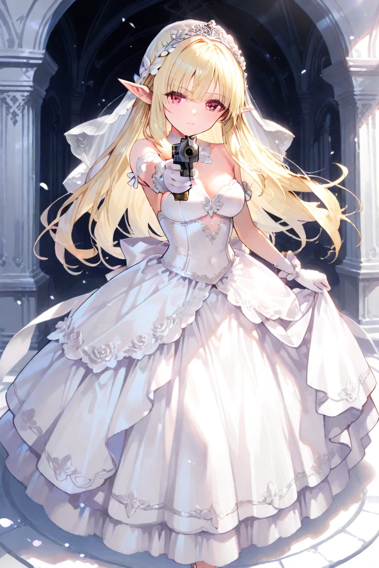 konggo \(warship girls r\),((Best quality))), ((Best quality))), ((Ultra-detailed)), ((illustration)), ((Disheveled hair)), ((frilld)), (1 girl), (Solo),1girl, ;d, ahoge, bangs, bare shoulders, blonde hair, blue eyes, blush, bouquet, breasts, cannon, cleavage, dress, earrings, elbow gloves, eyebrows visible through hair, flower, full body, gloves, hair flower, hair ornament, holding, holding bouquet, jewelry, large breasts, lily \(flower\), long hair, looking at viewer, machinery, one eye closed, open mouth, simple background, smile, solo, standing, strapless, strapless dress, veil, wedding dress, white dress, white flower, white gloves