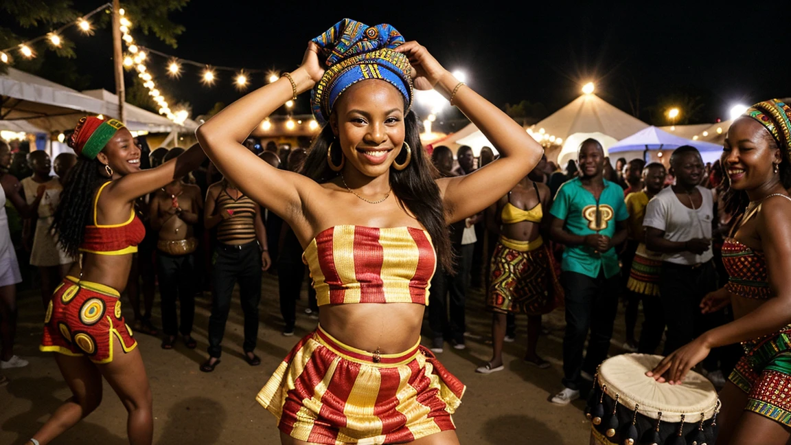 A unique fisheye lens 2.0 view of a happy African woman dressed in african designed party clothes, spraying champagne at the viewer, African party with african people in the background, party lights in the scene creating a dynamic and visually stunning scene.
