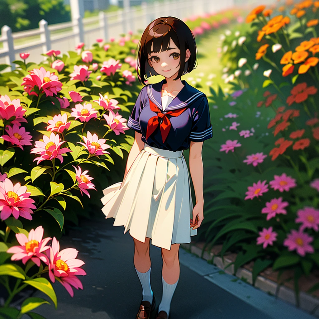 (Highest quality, High resolution, Super detailed, Realistic:1.37), Peaceful atmosphere, (Outdoor, garden), Teenage girl standing alone,(my breasts are big.),Beautifully detailed features, Cute Smile, ((Black bob hair)),Short-sleeved sailor uniform, Pleated skirt,Black tights,Brown leather shoes.