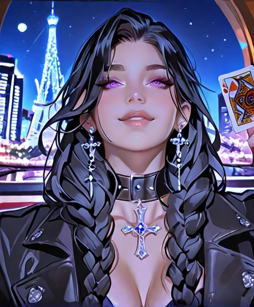 A jovial, muscular adult woman, wearing black leather clothing with purple circles on the outfit. She has long black hair styled. Her gaze is somber, with an air of mystery. She is holding a big d20 dice.