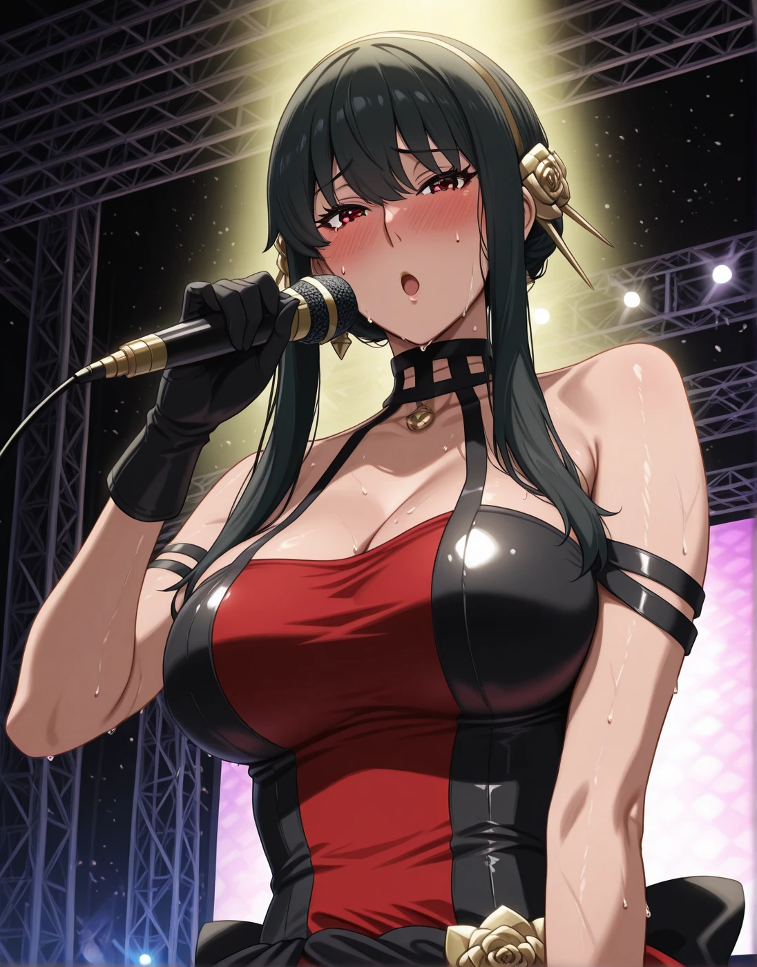 Saeko Busujima, Saeko Busujima cantando, una hermosa mujer sosteniendo un microfono y cantando, mujer cantando, vestimenta negra, ropa negra, blusa negra, camisa negra, con estampado del logo de Linkin Park, pantalon negro, tacones negros de cuero, Linkin Park, fondo azul, sobre un escenario, luces azules