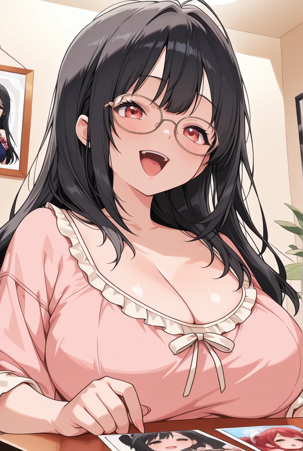 1 milf, long black hair, very big breasts, wearing glasses, smiling lewdly, blushing