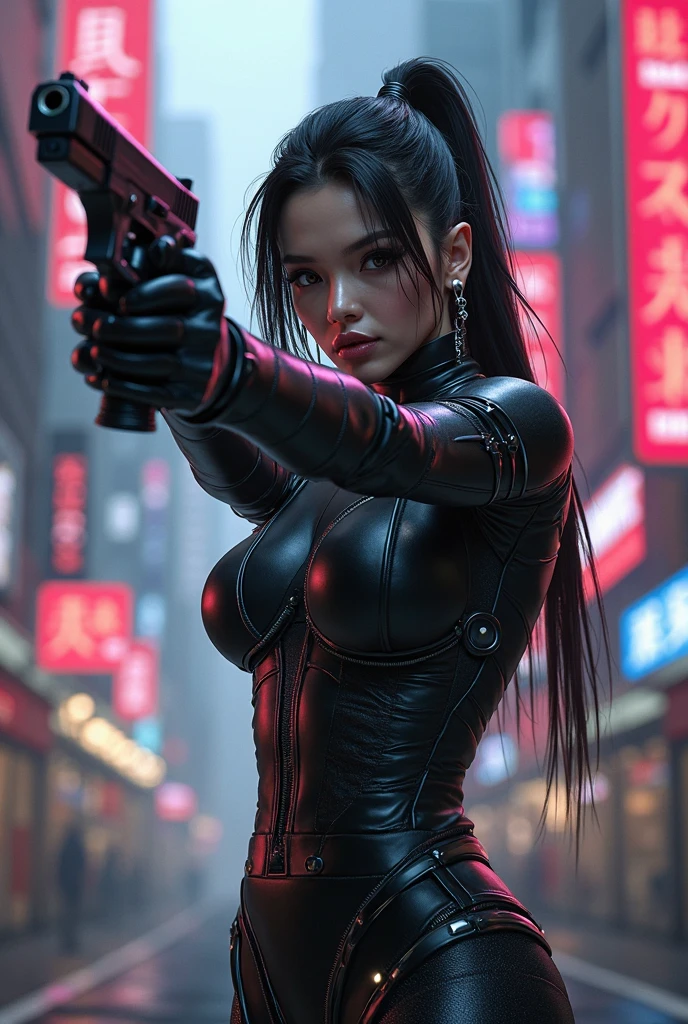 (Wide angle view). City Hunter style city, simple outlined neon tall buildings, glowing giant clock tower, helicopter, lightning, 3D rendering Beeple. At night, (1 girl as Kaori in City Hunter, solo, alone), photorealistic, medium-breast slim:0.6 body, oval:0.5 face, cleavage:1.1, sexy costume with deep-v, (Matrix style black micro sunglasses), ((aiming viewer with a short gun)), (running pose), (half-body thigh level close-up shot), cinematic lighting, ray tracing.