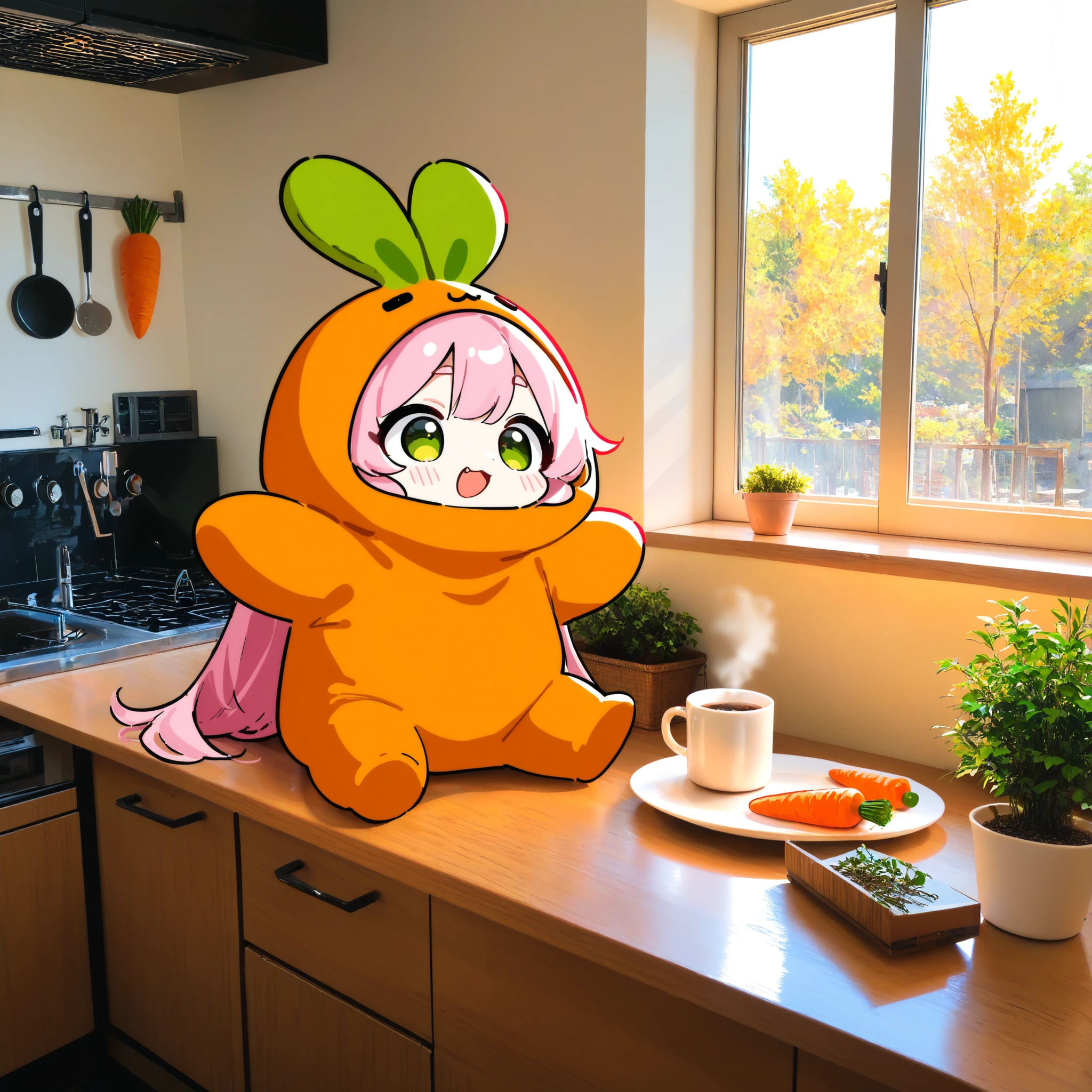 Precise and Exciting Anime、 chibi、 carrot costume 、pink long straight hair、green eyes、Dread
photo background: sunlit morning kitchen interior, warm golden light streaming through a window, clean wooden countertop with neatly stacked ceramic plates, soft shadows, a steaming mug beside the dishes, hanging utensils glinting in the light, simple and cozy atmosphere, hints of breakfast preparation, small potted herbs on the windowsill
