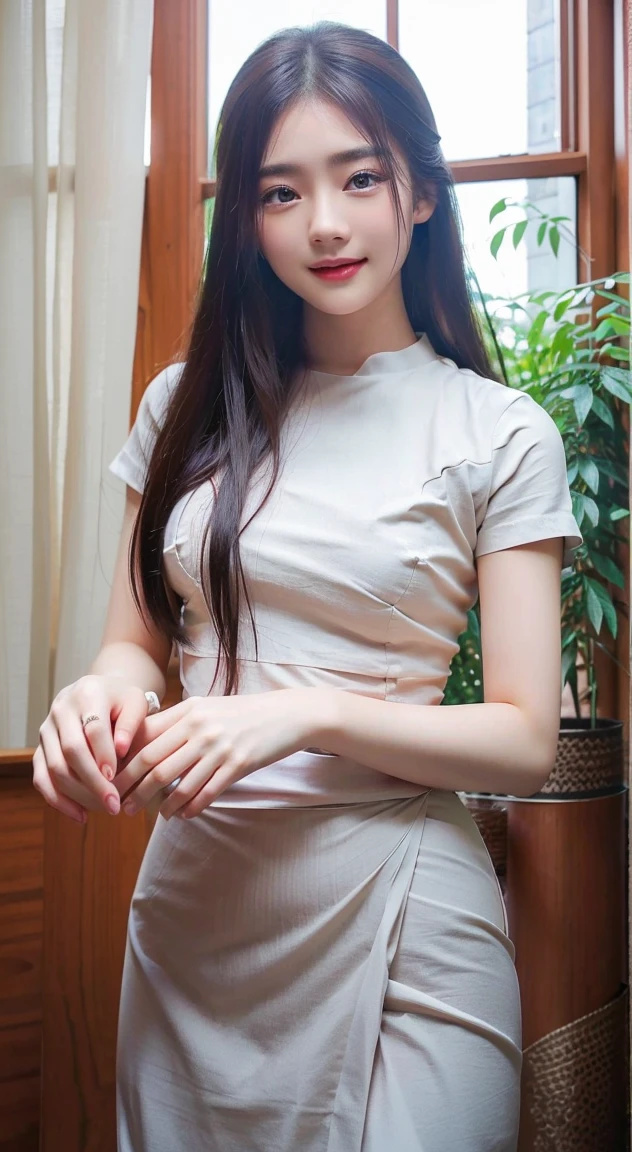 top-quality、超A high resolution、(Photorealsitic:1.4)、女の子1人、(Beautiful girl mother with black hair:1.5)、(neat and beautiful teacher android 1.5)、（Gentle mother is a female android）、Ultra realistic 8K CG、(Future:、erfect artwork、​masterpiece、Futuristic cities、futuristic era、mechanic)、((细致背景)) 、(25-year-old Japan female model)、stunningly beautiful、is looking at the camera、（Black long straight shiny hair）、50mm portrait、Soft curves、Full Wet Lip、(cybernetic perfect body)、Perfect Abs、3D、ultla realistic、Pale Pink High Neck Sleeveless Mini Skirt Glossy Dress、(Sex Type Android)、(Futuristic fashion)、Maintenance Suit、Dresses made of shiny materials、Cute shiny outfit、（Beautiful woman with neat and clean face）、(Honor Students)、(Female Teacher)、instructor、(Cute Lover Android)、（Beautiful poses for gravure photos）、（Beautiful woman fused with mother, Idol, Teachers and Android）、（M-shaped legs）、(Vinyl Garment 1.5)、（Satin fabric 1.5）、(Female Announcer)、((Pale Pink Dress 1.5))、(Halter High Neck)、