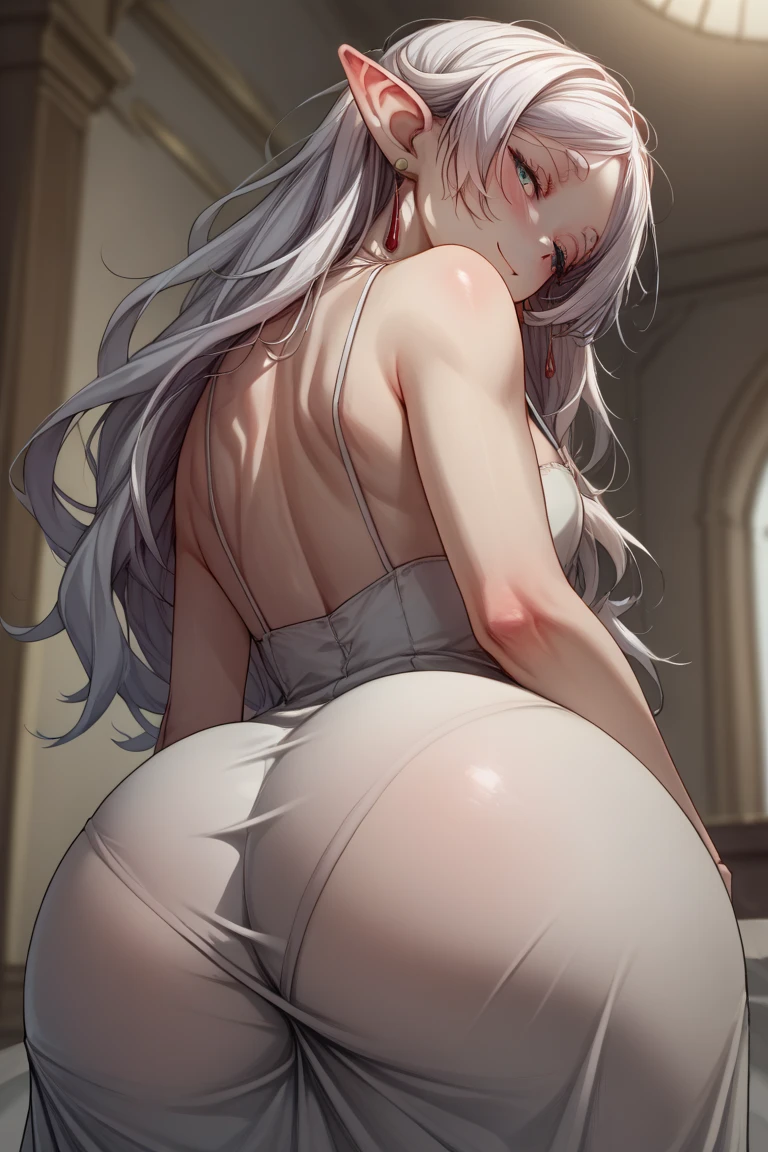 Elaborate CG artwork, (best qualtiy, exquisite detailing, absolute masterpiece), (Head to Toe Image)), ((Full body image)),(plus size model)),((White swimwear)), (((mahogany colored dark skin))), ((Short Gladid Bob)),(Beautiful with mahogany black skin、Please wear a white swimsuit and high heels),(((Light silver hair))), Detailed beautiful mature face, very detailed beautiful face and eyes, (detailed seductive and sharp eyes), (plump shiny purple lips)), (Purple Eye Shadow), blush, (sadistic seductive smile), (Curvaceous), ( unbelievably huge curvaceous hips), (very huge sensual ass), (ridiculously massive thick thighs), (glittery skin), (wet oily skin), Fingernail Art, Jewelry, Bracelet, hoop earrings