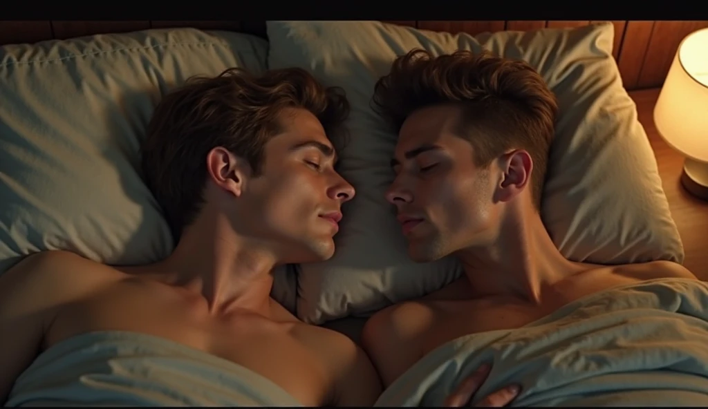 Group of 3 young men hugging each other lying on a bed shirtless gay art ! Handsome, chest hair, short hair, cinematic texture, aesthetic, romantic !(Chest hair:1.8) photo realism, Short hair!