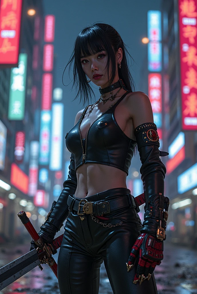 derpd, Deadly geisha cyborg assassin in kimono & armor, danger, Red-yellow sky, Post-apocalyptic art, Neon horror, Science fiction, Glitchcore, CGSociety, modern european ink painting, Androgynous, Mixed Media, Dystopian art, Black and neon space art, Analog Horror, Nightmare fuel, Spacepunk, Glitchcore, Hauntingly beautiful, Beautiful and sinister. World-class female cyborg in stunning HD, World class art, Individuality, Modern masterpieces, Exceptional, Exquisite, Dark fantasy, Apocalypse Art, Calo type
